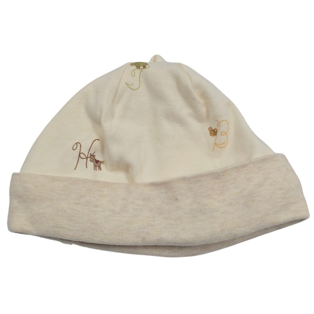 Gymboree Vintage 2003 Baby Beanie Hat 6-12 Cream Cotton Animal Alphabet Soup